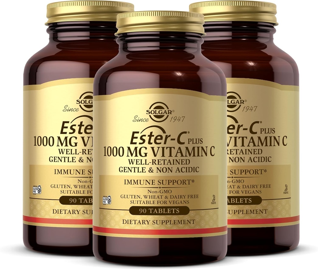 Solgar Ester-C Plus 1000 mg Vitamin C (Ascorbate Complex) - 90 Tablets, Pack of 3 - Gentle & Non Acidic - Supports Upper Respiratory Health - Non-GMO, Gluten Free - 270 Total Servings 2