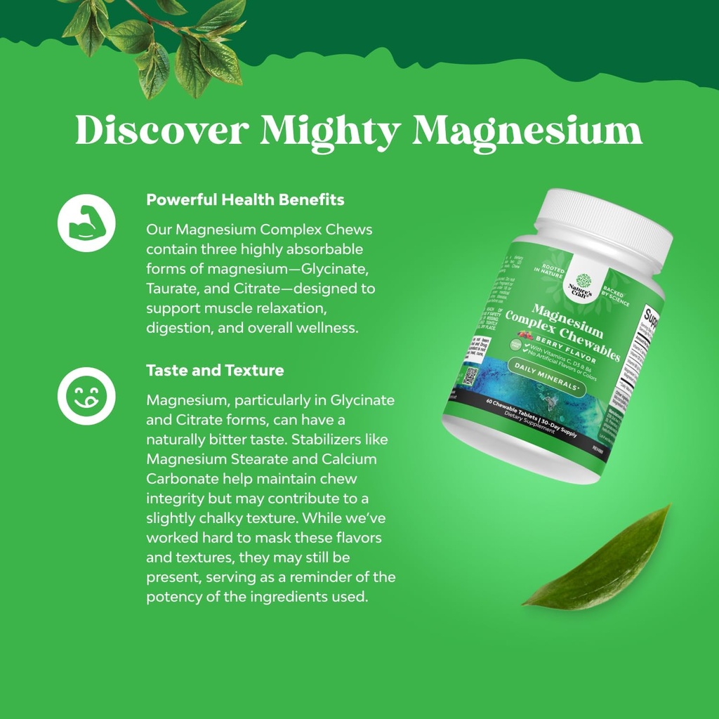 Sugar Free Magnesium Glycinate Chewable - Chewable Magnesium for Adults & Kids with Glycinate Taurate & Citrate Complex Plus Vitamins D3 B6 & C - Vegetarian Non-GMO & No Artificial Flavors (30 Day) 5