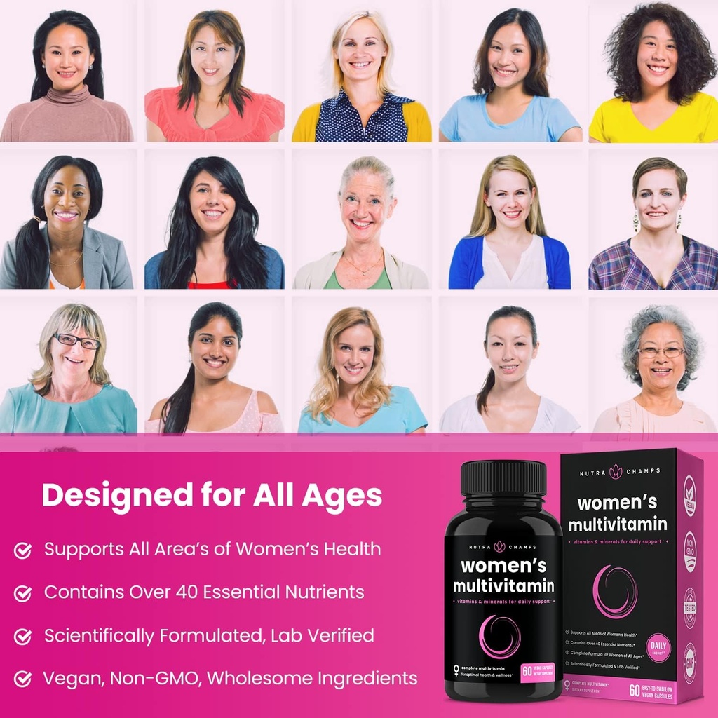 NutraChamps Women's Daily Multivitamin Supplement - Vegan Capsules with Biotin, Vitamins A B C D E K, Calcium, Zinc, Lutein, Magnesium - Premium Multimineral Multivitamin for Women 4