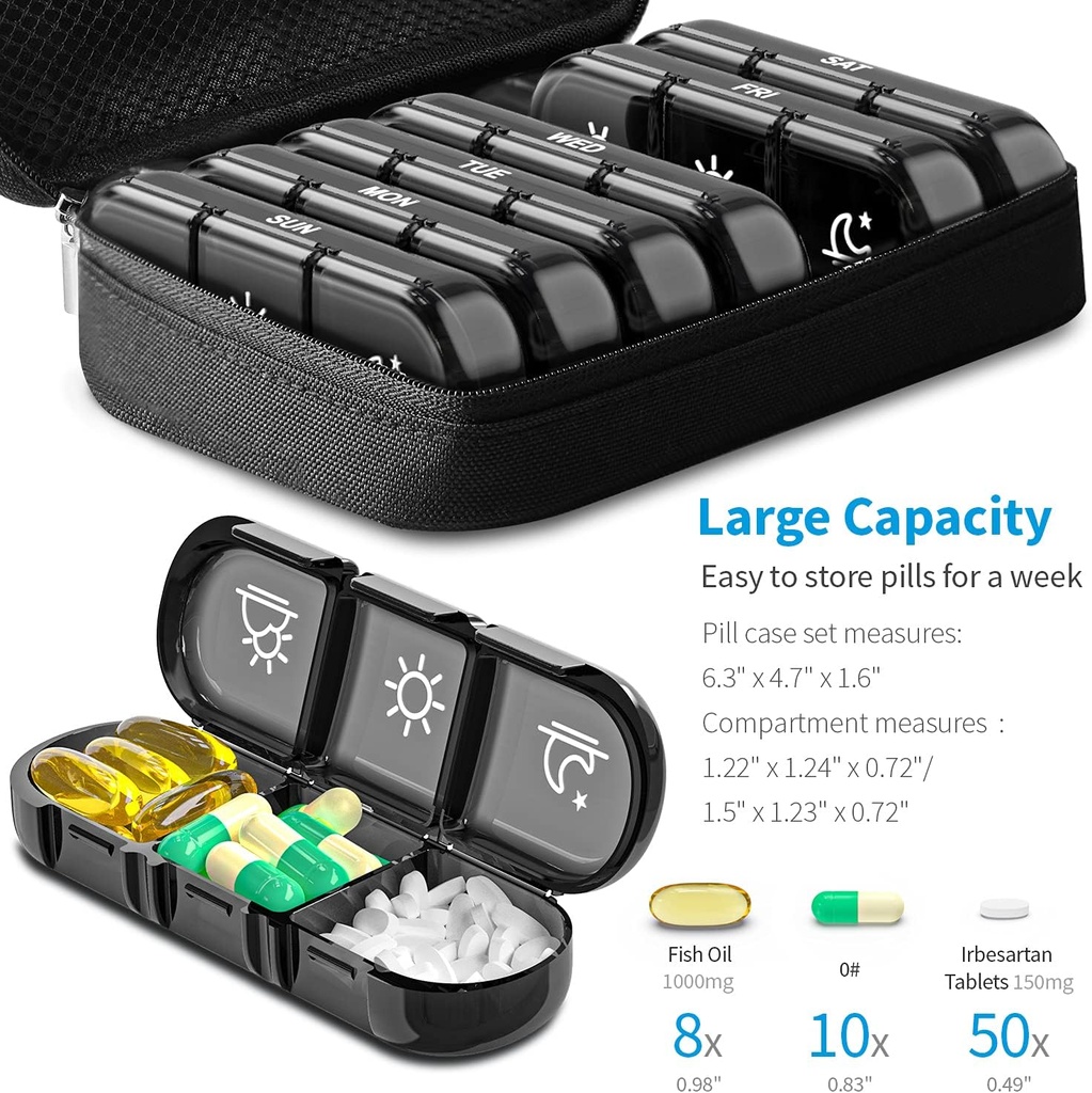 ZIKEE Large Weekly Pill Case Organizer 3 Times a Day, Portable Light Proof Canvas Bag Pill Box 7 Day to Protect Your Privacy and Store Medication, Vitamin, Fish Oil, Supplement (Black) 4