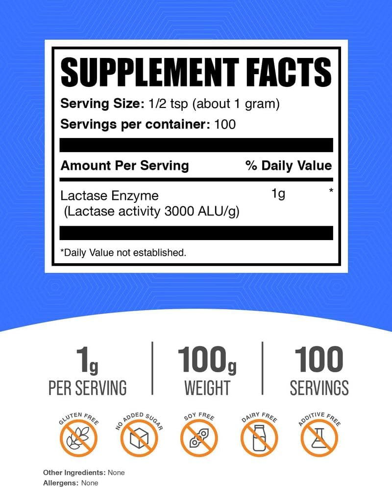 BulkSupplements.com Lactase Enzyme (3000 ALU) Powder - Lactase Enzyme Supplement, Digestive Support - Gluten Free, 1g per Serving, 100g (3.5 oz) (Pack of 1) 3