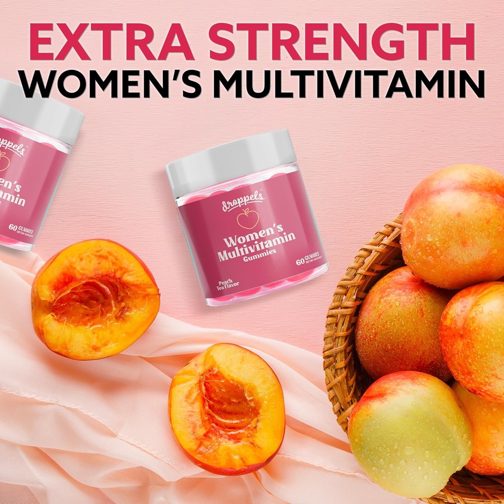 Droppels Women's Multivitamin Gummies with Folic Acid, Vitamins A, D, C, E, K, B6, B12, Biotin & More | Vegan, Non-GMO & Pectin-Based Daily Vitamins for Women | Peach Tea Flavor, 60 Count 4