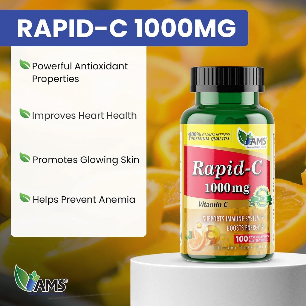 America Medic & Science Rapid-C 1000mg Vitamin C Supplement (3 Pack of 100 Tablets) Energy Booster, Daily Immune System Support, Antioxidant | Vegan, Non-GMO Coated Ascorbic Acid for Adult Men & Women 3