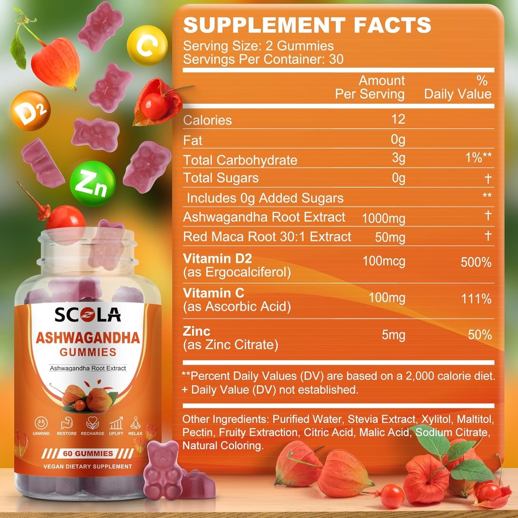 Ashwagandha Gummies, Calm Gummies with Ashwagandha Root Extract Vitamin D Zinc, Ashwagandha Supplement for Sleep Stress Balance, Vegan, Non-GMO, Gluten-Free, 60 Count 6