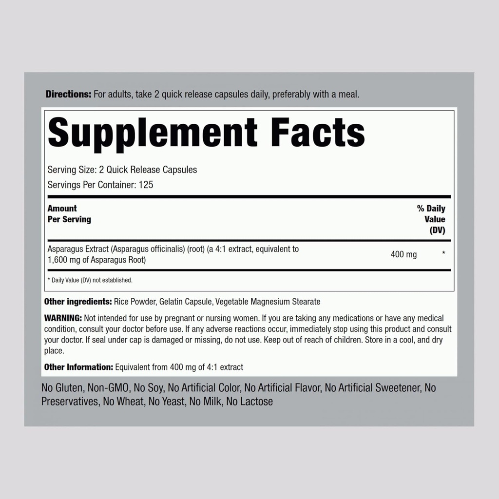 Piping Rock Asparagus Supplement 1600mg | 250 Capsules | Root Extract | Non-GMO, Gluten Free 3