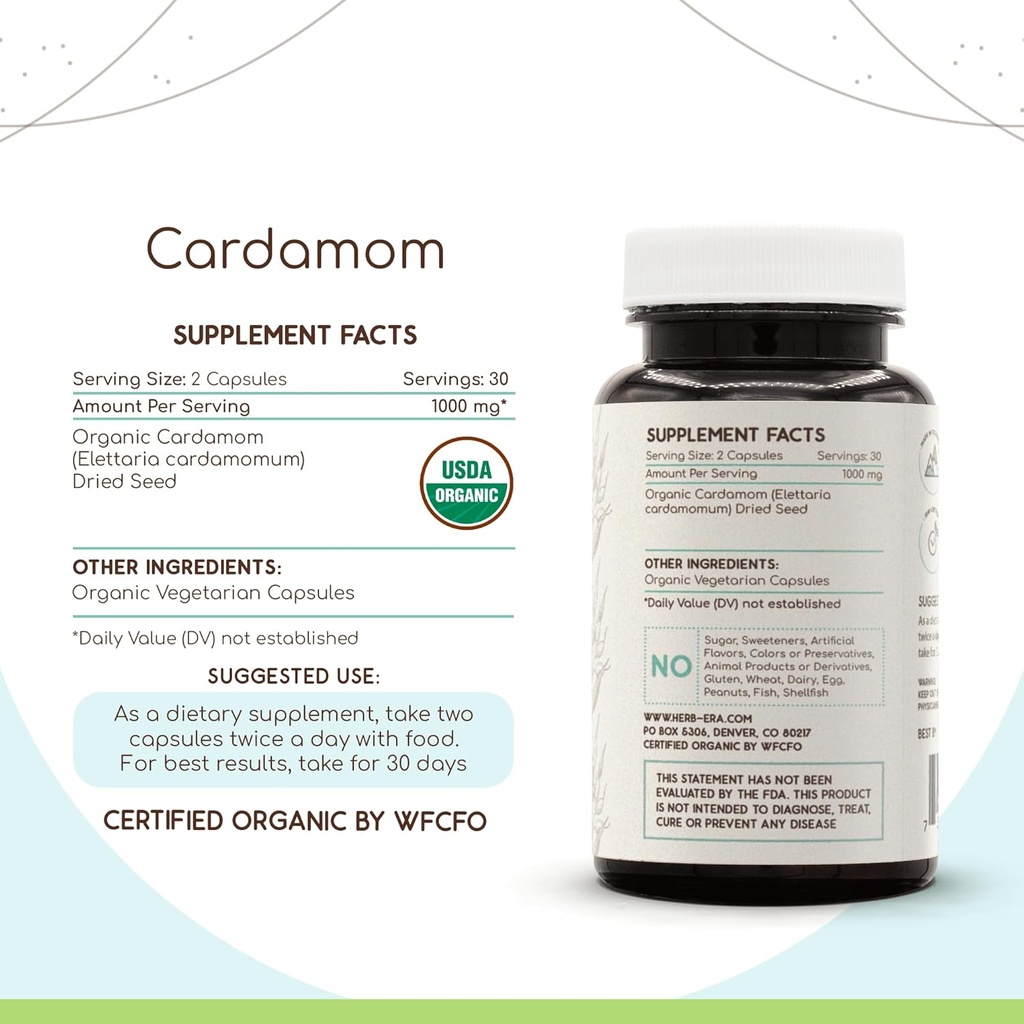 HerbEra Cardamom USDA Organic 60 Capsules | Natural Herbal Supplement | Certified Organic Vegetarian Capsules and Organic Cardamom (Elettaria cardamomum) Dried Pod (60 Capsules) 3