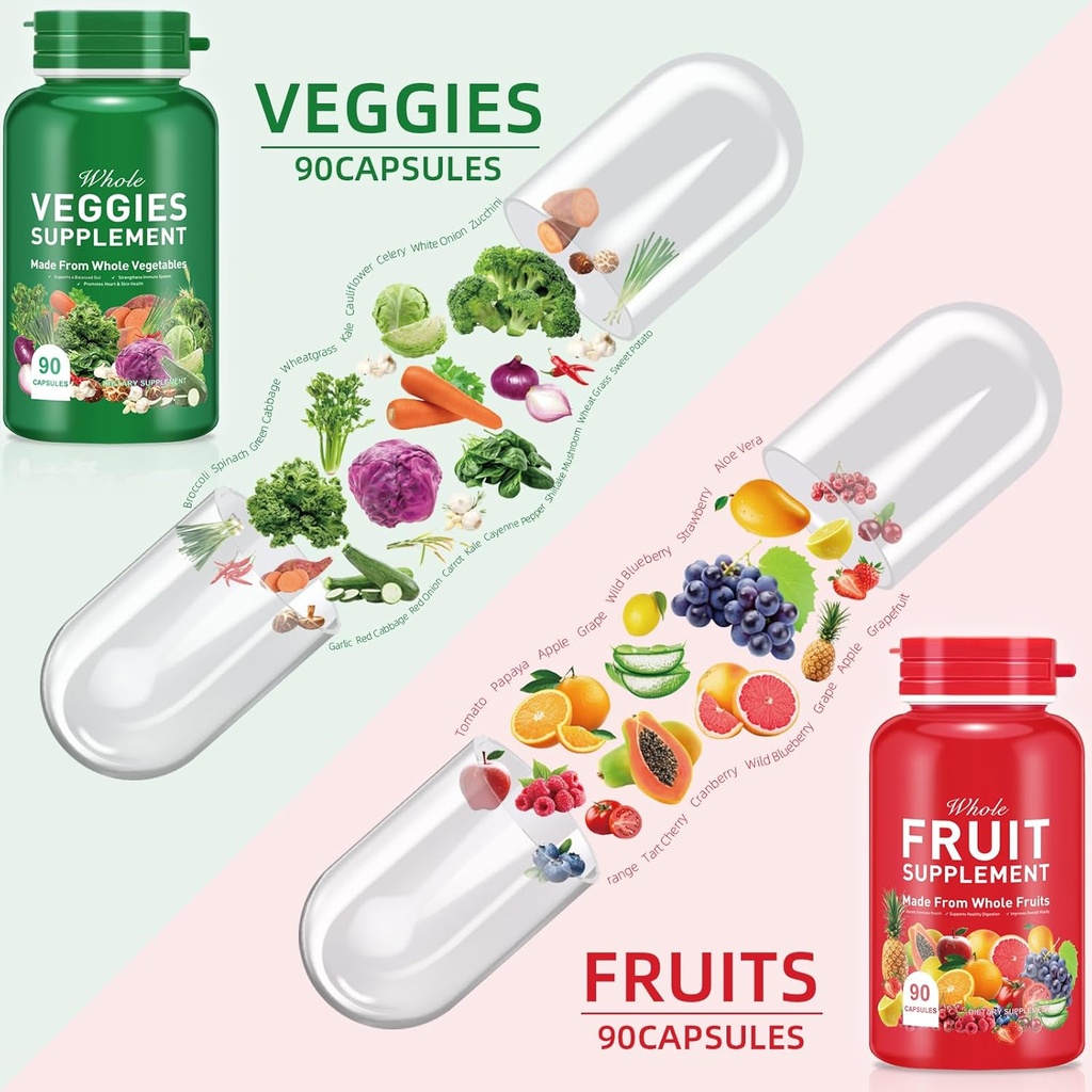 Fruit and Veggies Supplement Ingredients Natural – 90 Fruit and 90 Veggie Capsules - Fresh Superfood Formula with Vitamins and Minerals, Supports Energy Levels 5