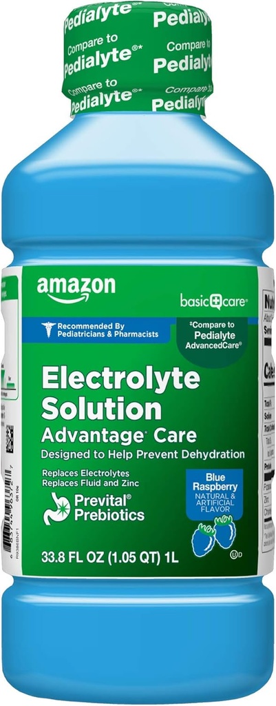 Basic Care Electrolyte Solution Advantage Care with PreVital Prebiotics, Blue Raspberry, Designed to Help Prevent Dehydration, Replaces Electrolytes, Fluid and Zinc, 33.8 fl oz (Pack of 1) 2