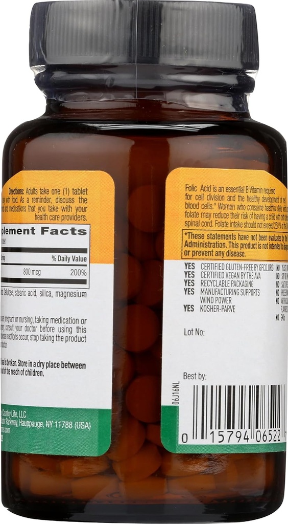 Country Life - Folic Acid 800 mcg - 250 Tablets 3