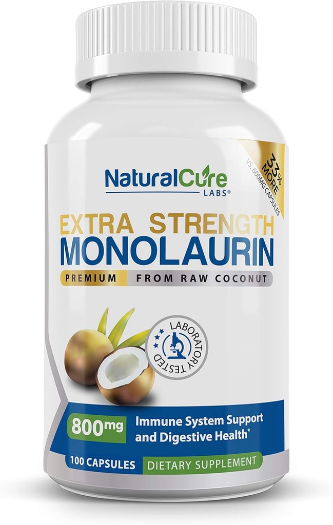 Natural Cure Labs Extra Strength Monolaurin 800mg, 100 Capsules, 33% More 2