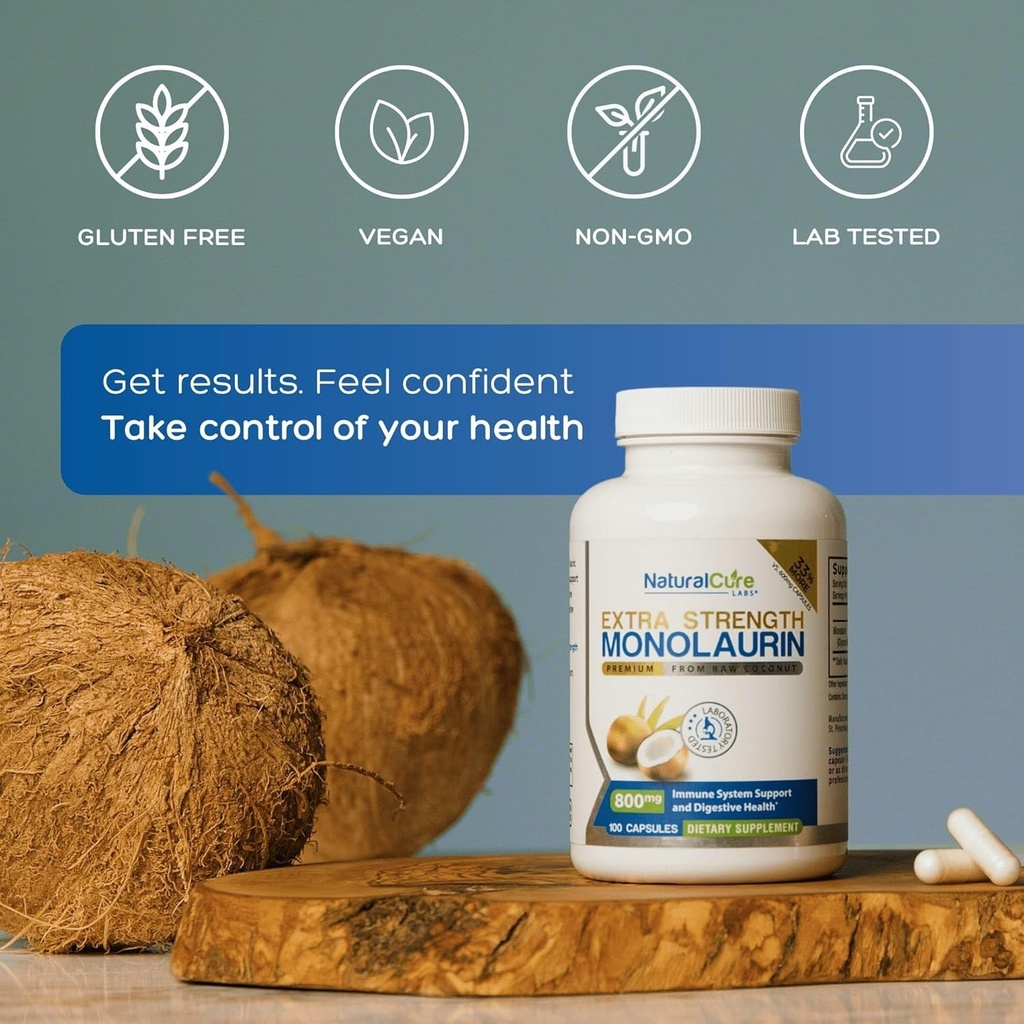 Natural Cure Labs Extra Strength Monolaurin 800mg, 100 Capsules, 33% More 4