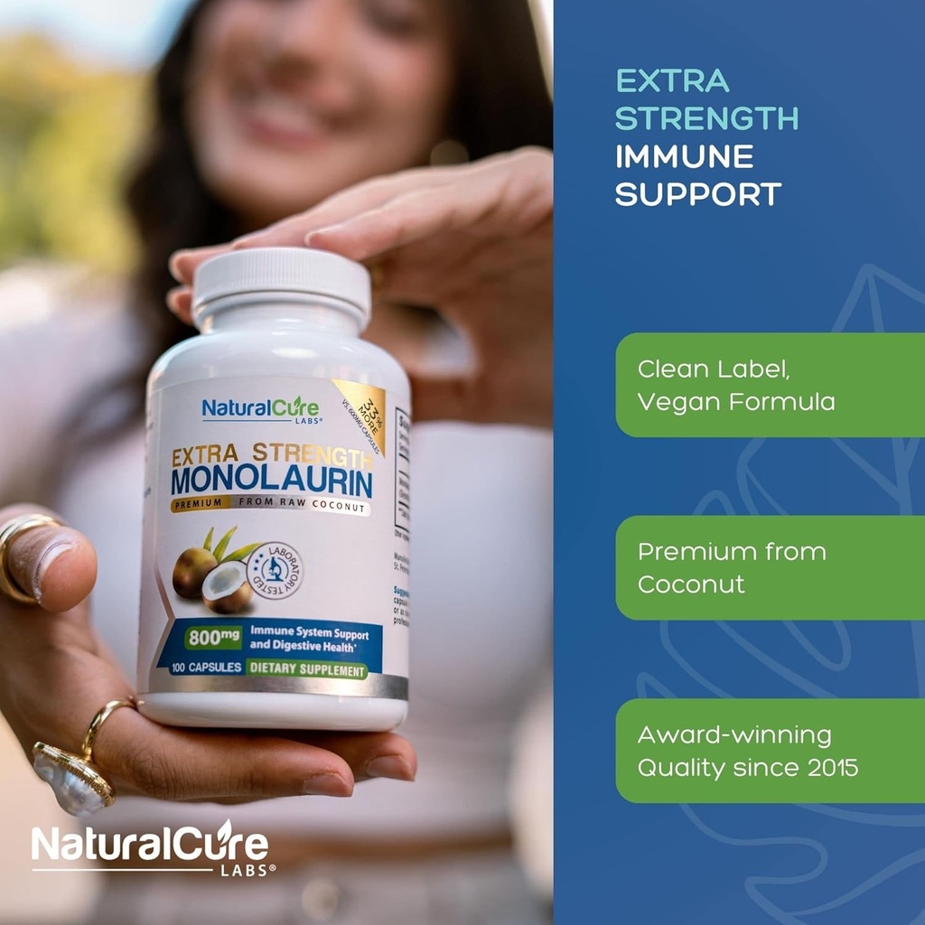 Natural Cure Labs Extra Strength Monolaurin 800mg, 100 Capsules, 33% More 5