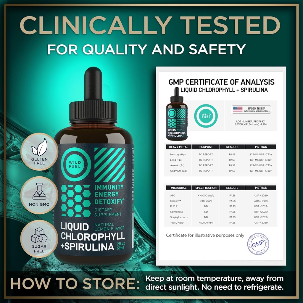 Liquid Chlorophyll Drops with Spirulina for Water - Full Strength Energy, Wellness, Immune Support Supplement - 50mg Chlorophyll Liquid, 12.5mg Spirulina - Lemon Flavor Detox Drink - 2oz, 118 Servings 5