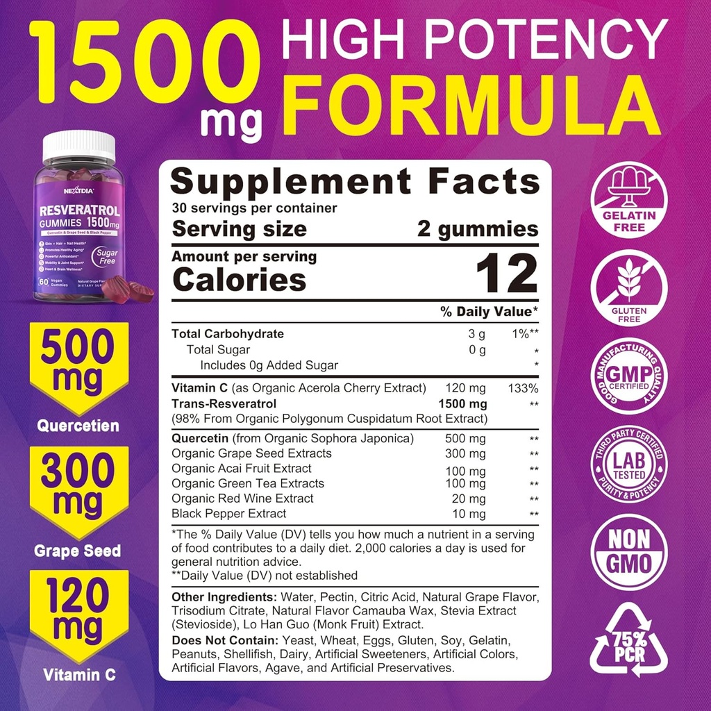 Resveratrol Supplement 1500mg - Resveratrol Gummies Supports NAD⁺, NMN & NMNH Synergy, with Quercetin, Grape Seed, Acai Berries Extracts for Antioxidant, Healthy Aging & longevity, Skin, Brain - 1Pcs 3