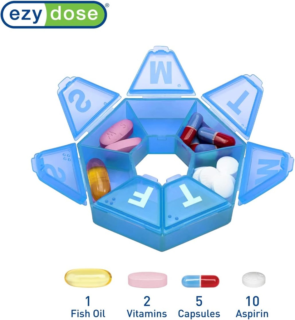 EZY DOSE 7-Day Weekly Pill Organizer, Daily Medicine Container and Vitamin Planner, Round Supplement Case, Compact Travel Friendly, Portable Storage Sorter, 7-Sided Circle, Blue BPA Free 4