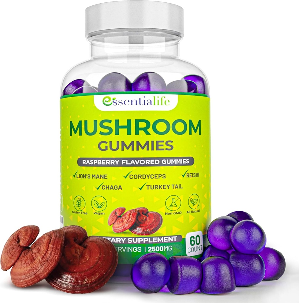 Essentialife Lions Mane Mushroom Supplement | 5-in-1 Mushroom Gummies with Turkey Tail, Cordyceps, Reishi, Chaga Extract | Brain Focus and Immune Support for Women Men, Raspberry Flavor, 60 ct 2