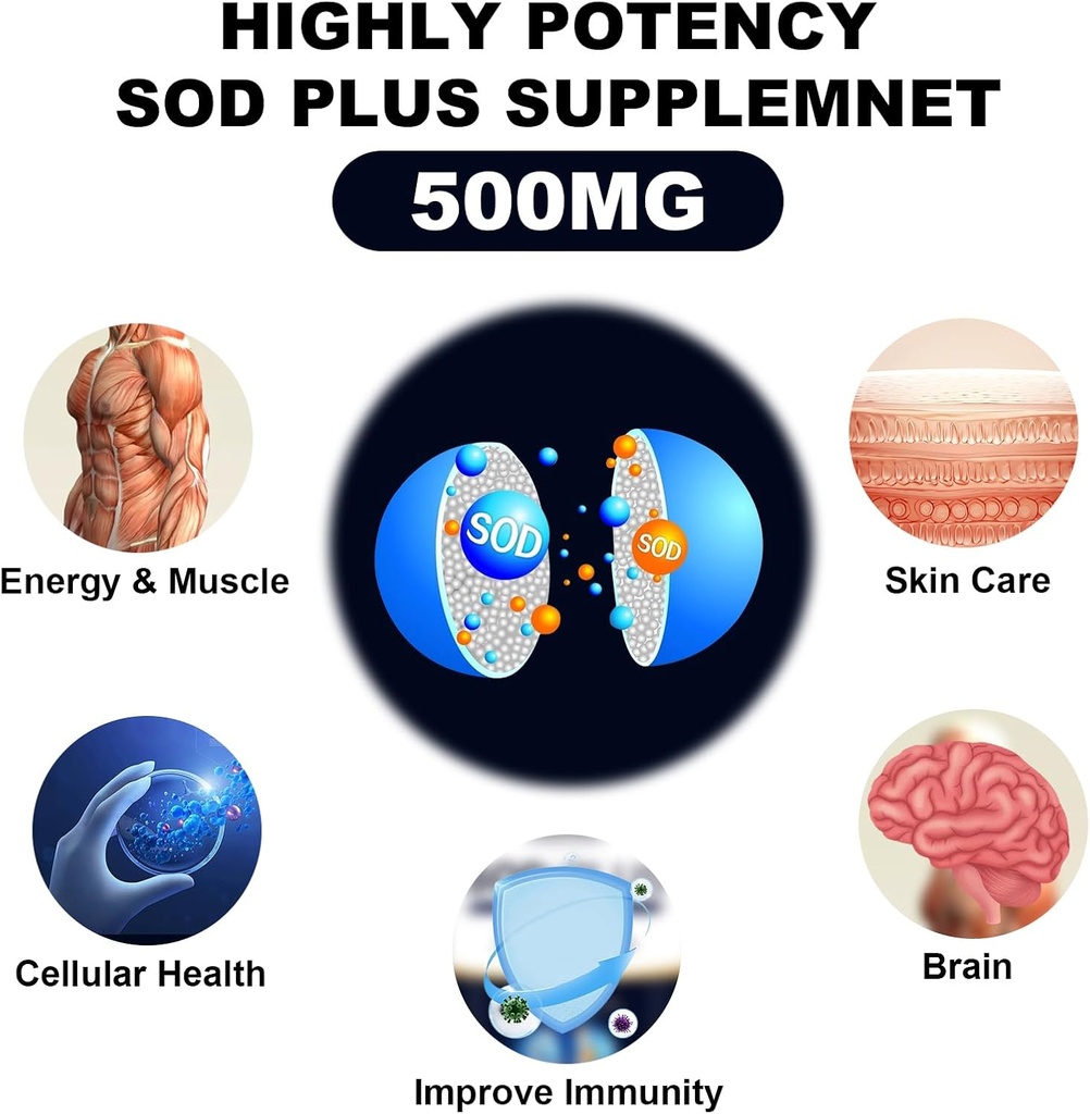 Superoxide Dismutase Supplement 500mg - SOD Plus with liposomal glutathione, AKG, Green Tea Extract, L-Arginine, Lysine, Resveratrol and Vitamin E for Immune Support, Antioxidant 60 Capsules 5