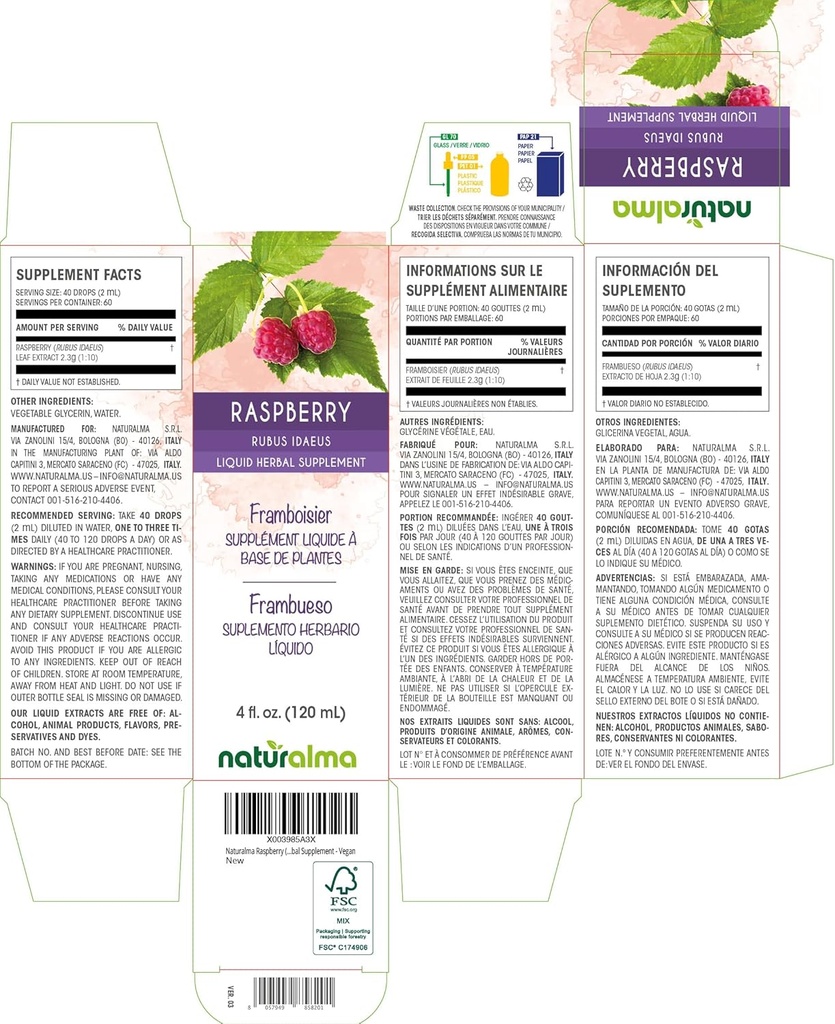 Naturalma Raspberry (Rubus idaeus) Leaf Alcohol-Free Tincture - 4 fl oz Liquid Extract in Drops - Herbal Supplement - Vegan 3