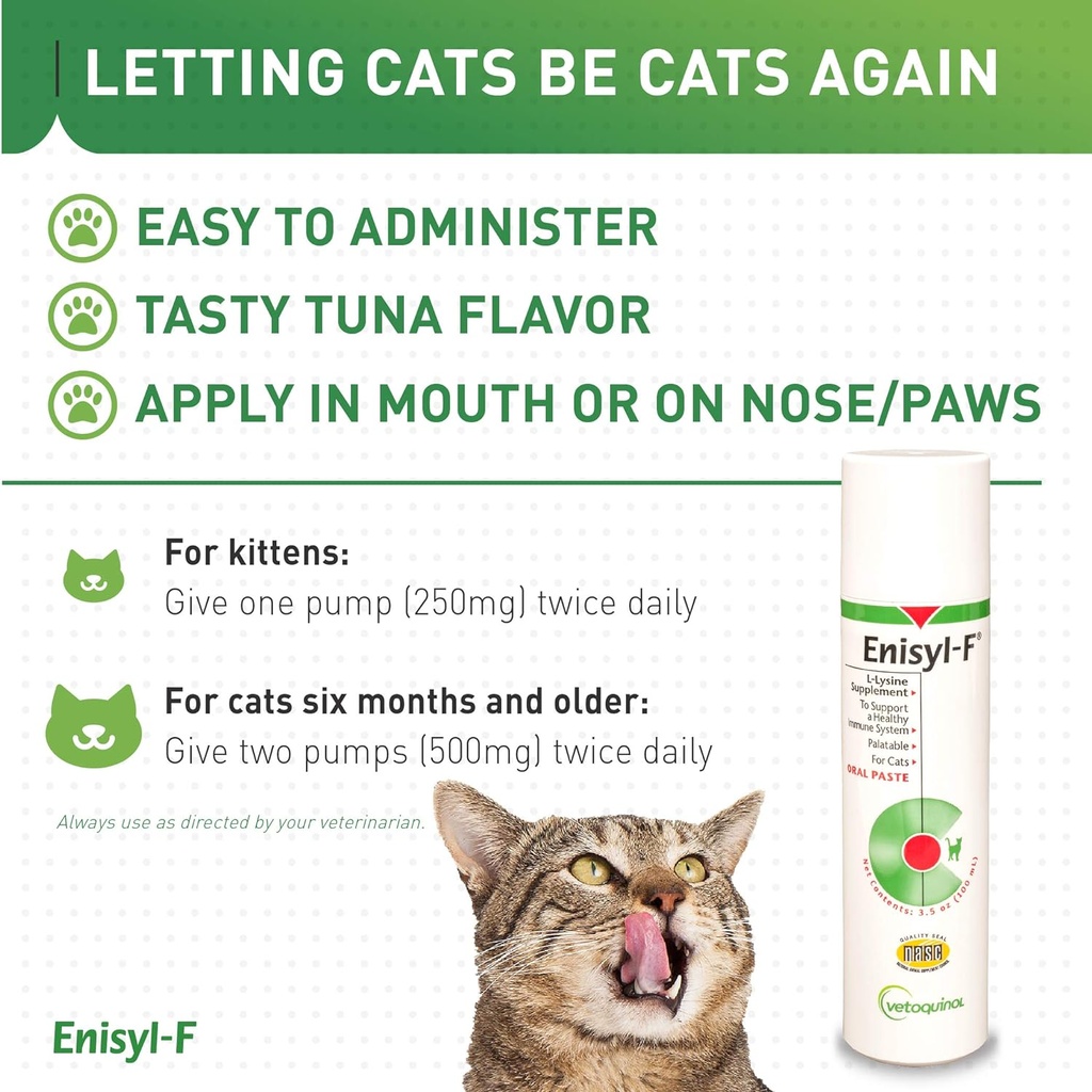 Vetoquinol Enisyl-F Oral Paste: L-Lysine Supplement for Cats - Tuna Flavor, 3.5oz (100mL) Pump 6