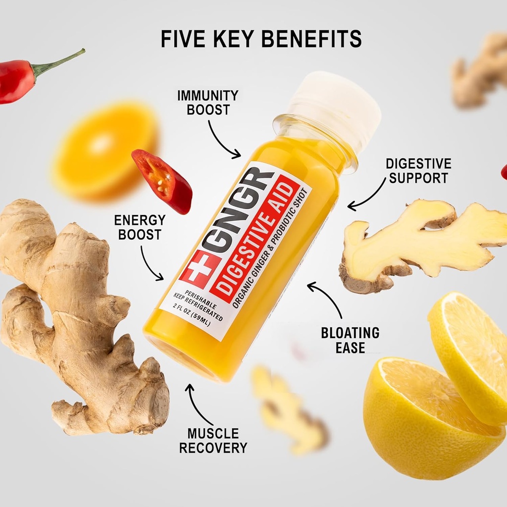 +GNGR Digestive Aid Organic Ginger Shots with Probiotics, Gut Health, Colon Cleanse, Bloating Relief, Gut Detox, Immunity Shots with Ginger Juice, Turmeric, Black Pepper. (2 Oz, Pack of 12) 4