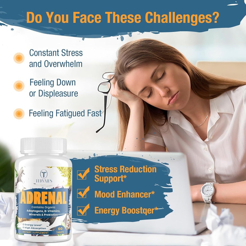 Adrenal Support Adaptogens Herbs Supplements - Cortisol Supplement with Rhodiola Rosea, Ashwagandha, Holy Basil and Eleuthero-Mood and Energy Support for Women & Men-Non-GMO, 120 Vegan Tablets 6