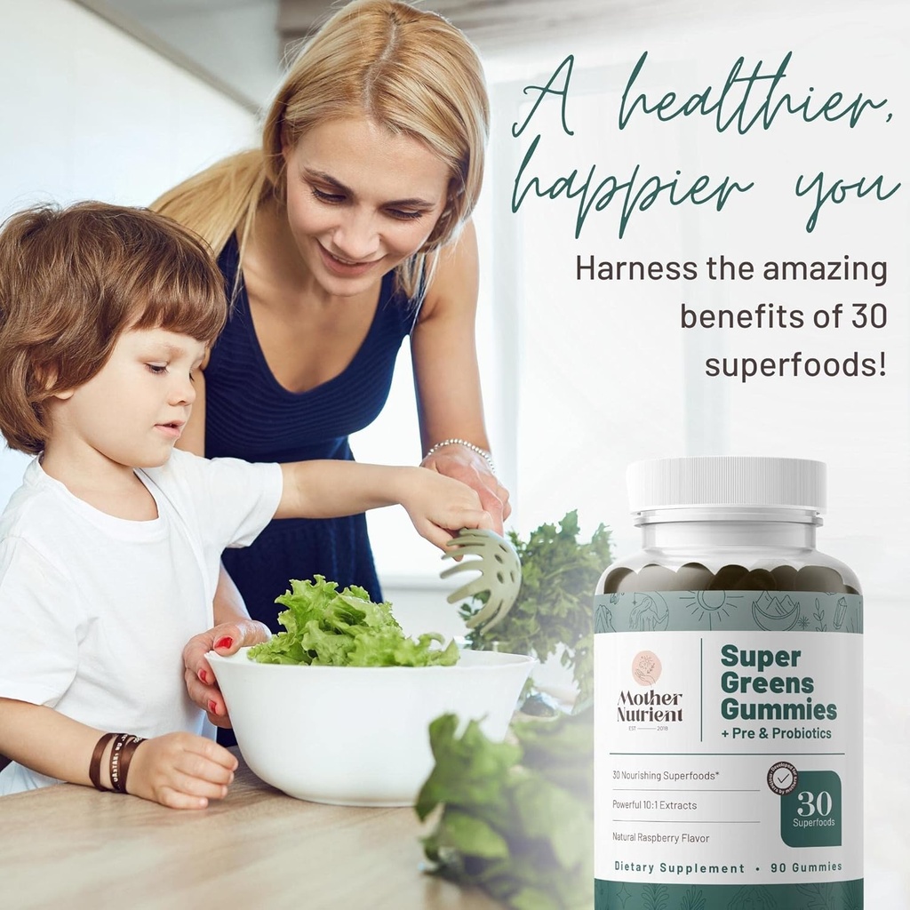 Super Greens Gummies for Women, Adults - with Prebiotics & Probiotics, Not 8, but 30 Powerful Greens Superfoods - Multivitamin Veggie Chewables (90 Gummies) 3