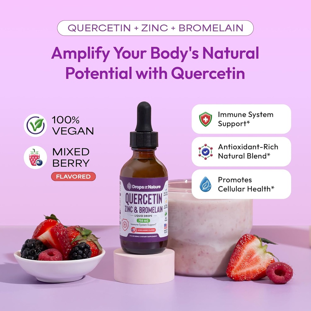 Quercetin with Bromelain & Zinc (5mg) Liquid Drops – Immune Support for Adults & Kids – Ultra-Concentrated Bioflavonoids – Immune Defense – Cellular Health – Vegan, Non-GMO, Gluten Free – 2 Fl Oz 3