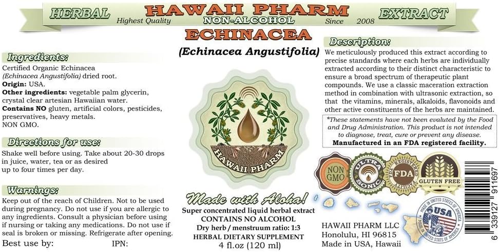Echinacea Alcohol-Free Liquid Extract, Echinacea (Echinacea Angustifolia) Dried Root Glycerite Hawaii Pharm Natural Herbal Supplement 32 oz Unfiltered 3