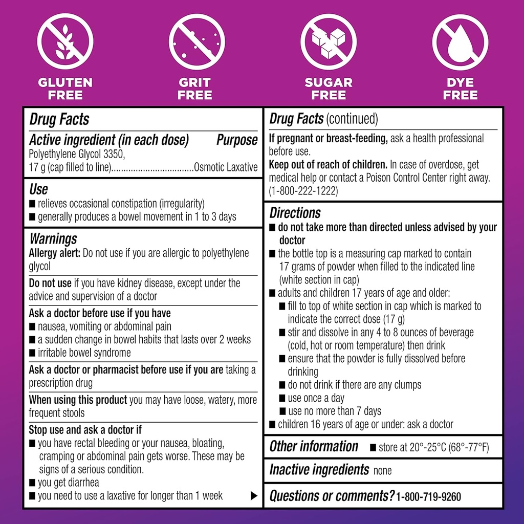 Basic Care ClearLax, Polyethylene Glycol 3350 Powder for Solution, Osmotic Laxative, Unflavored, 1.11 pound (Pack of 1) 6