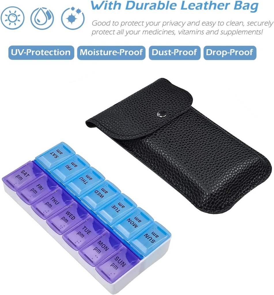 VOFOON Travel Pill Organizer 2 Times a Day, PU Leather Portable Pill Case for Women/Men, 7 Day AM PM Pill Box with Travel Pouch Medicine Organizer for Vitamins Medicine Fish Oils Supplements (Small) 4