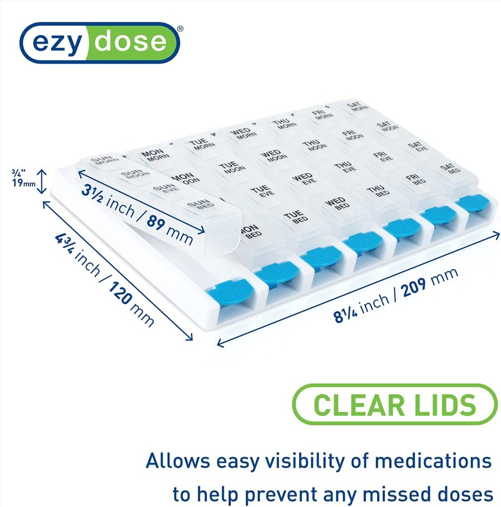 EZY DOSE Weekly (7-Day) Daily Pill Case, Medicine Planner, Vitamin Organizer Container, 4 Times a Day, Small Removable Compartments, Covenient and Easy to Use, Color May Vary, Clear Lids, BPA Free 3