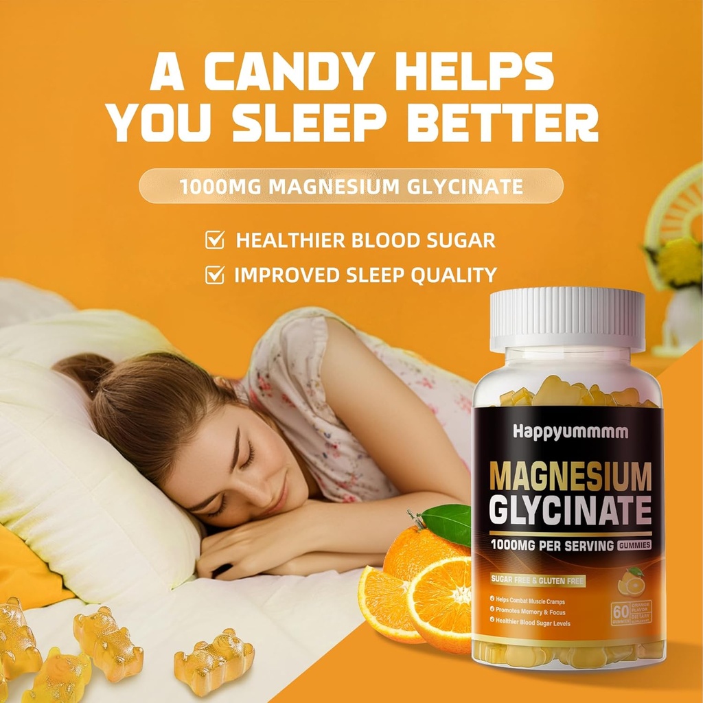 Magnesium Glycinate Gummies 1000mg - Sugar Free Magnesium Potassium Supplement with Vitamin D, B6, CoQ10 for Calm Mood & Sleep Support - 120 Orange Gummies. 6