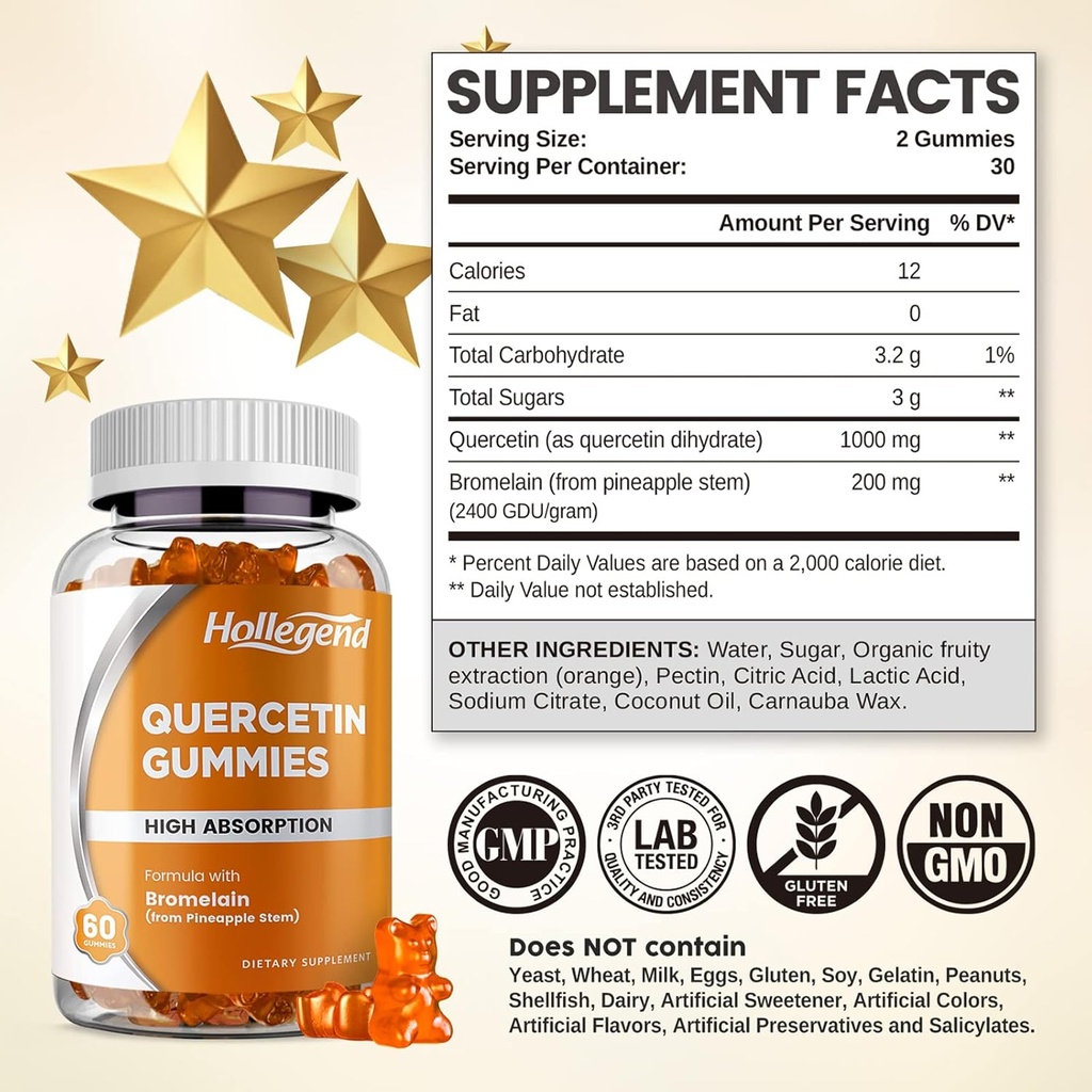 Quercetin with Bromelain Gummies, 1000mg Quercetin Gummies, Adults & Kids Immune Support Gummies, Lung & Respiratory Support, High Absorb, Orange, Low Sugar, Vegan, 60 Count 3
