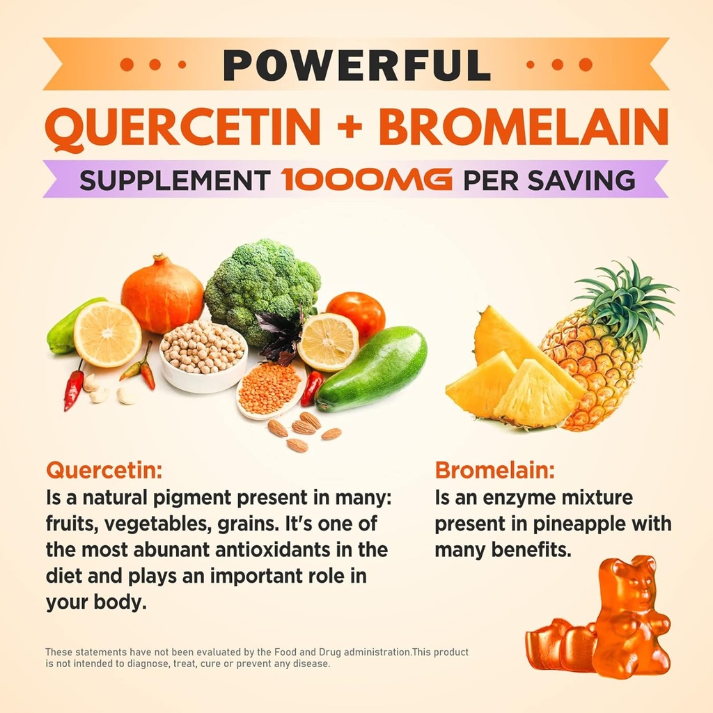 Quercetin with Bromelain Gummies, 1000mg Quercetin Gummies, Adults & Kids Immune Support Gummies, Lung & Respiratory Support, High Absorb, Orange, Low Sugar, Vegan, 60 Count 4