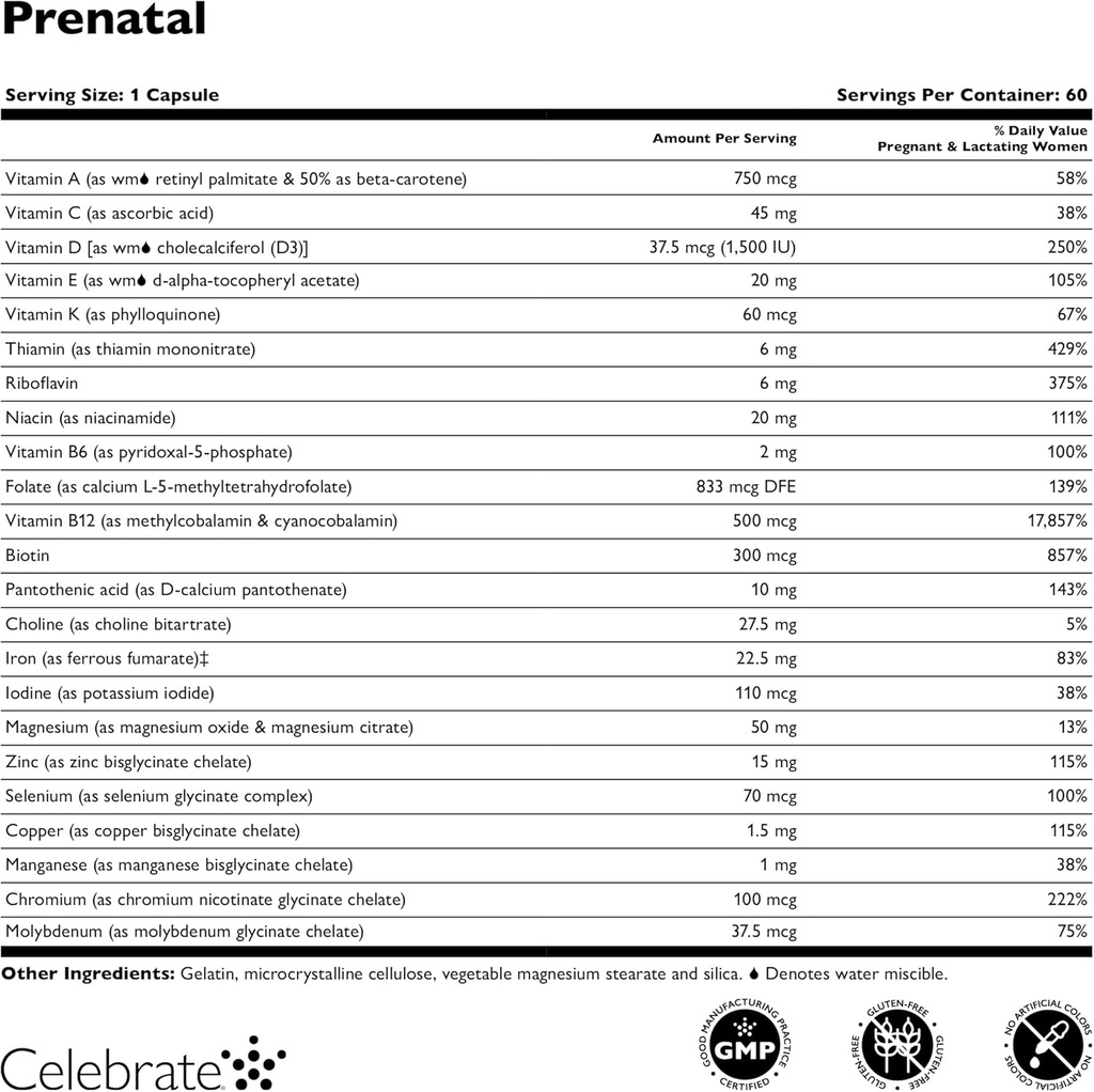 Celebrate Vitamins Bariatric Prenatal Multivitamin Capsules with Folate (Folic Acid), Vitamin A, Iron, Iodine, and Choline, for Roux en Y and Sleeve Gastrectomy Patients, 60 Count 4