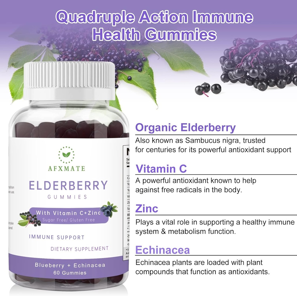 Sambucus Elderberry Gummies, Black Elderberry Gummy with Zinc and Vitamin C for Adults, Sugar Free Kids Multivitamin Gummies Immune Support* Supplement (2 Pack) 6