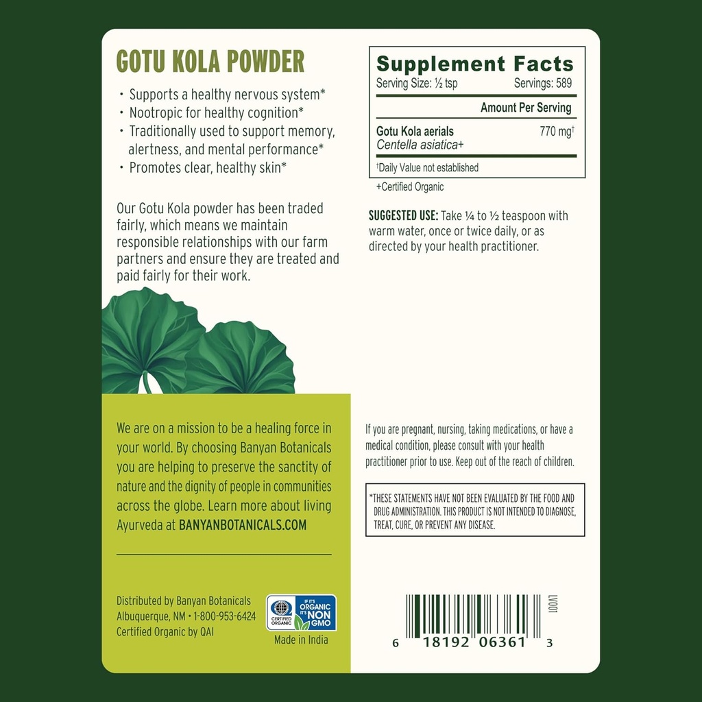Banyan Botanicals Gotu Kola Powder – Organic Brahmi (Centella Asiatica) – Calming Nootropic Herb for Nervous System Support & Healthy Skin* – 1 lb. – Non-GMO Sustainably Sourced Vegan 3