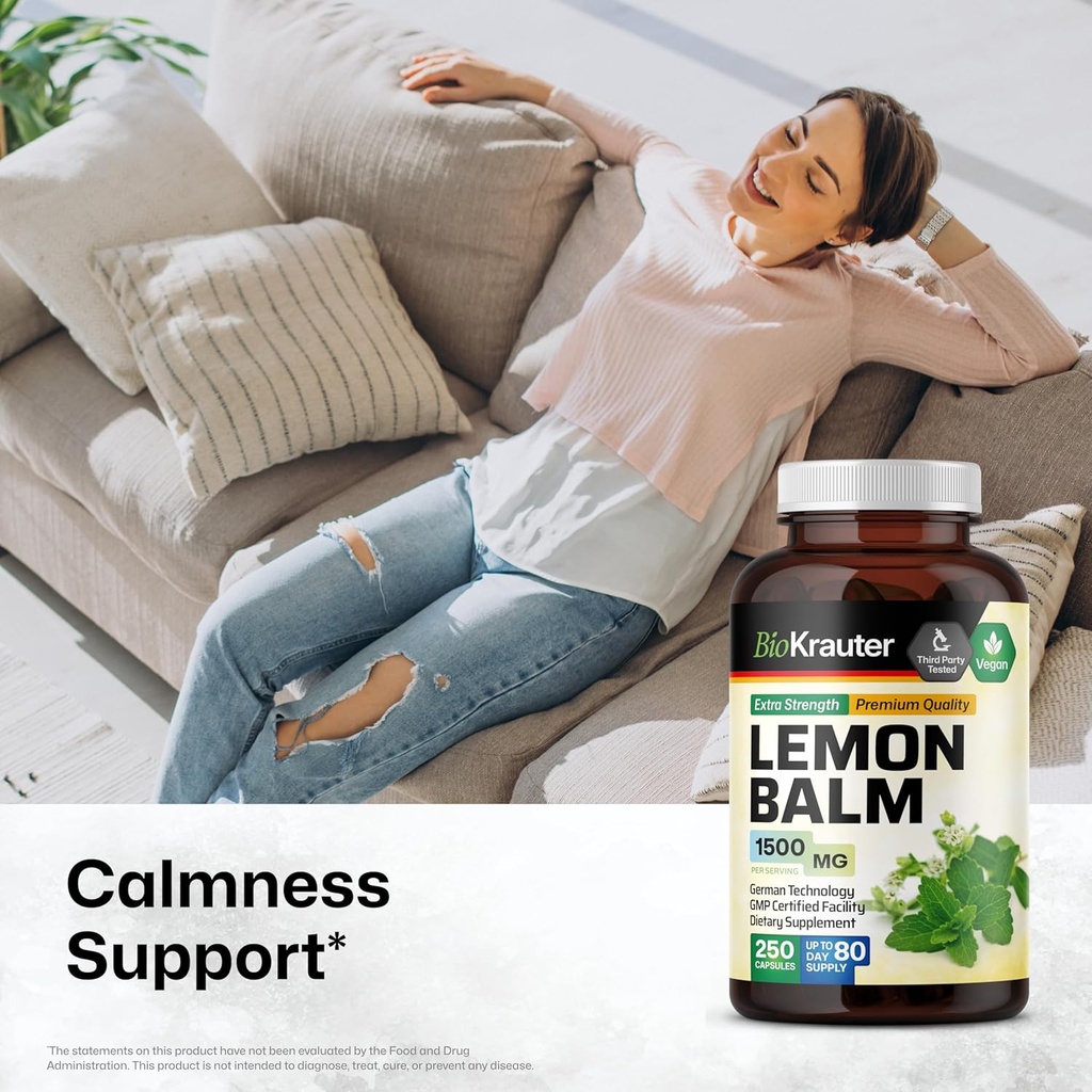 BIO KRAUTER Lemon Balm Capsules 1500 mg - 250 Count - Vegan Melissa Herbal Supplement - Natural Relaxation Support - Lemon Balm Leaf 3