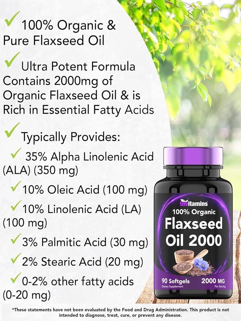 tnvitamins Organic Flaxseed Oil Softgels: 2000 mg - 90 Softgels | High in Omega-3 Fatty Acids | Flaxseed Oil Supplement for Women & Men | Non-GMO 4