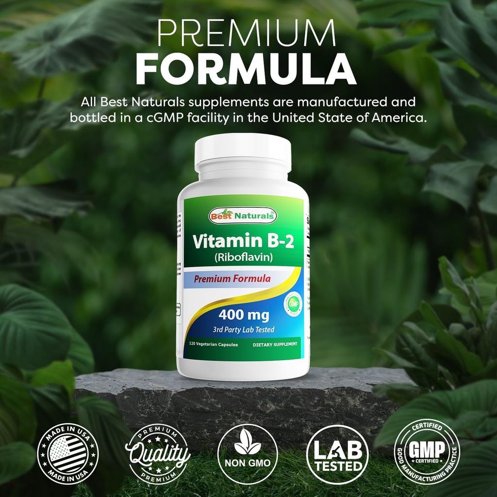 Best Naturals Vitamin B2 (Riboflavin) 400mg - Migraine Relief - Veggie Capsules - Conezyme Precursor - 120 Count (120 Count (Pack of 3)) 6