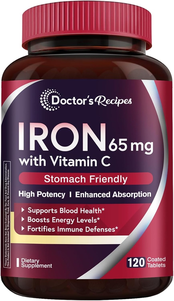 Doctor's Recipes Iron Supplement 65 mg with Vitamin C - Maximized Absorption & Stomach Friendly Iron Pills for Red Blood Cells Formation, Heart, Brain & Immunity Health - Vegan Non-GMO 120 Iron Tabs 2