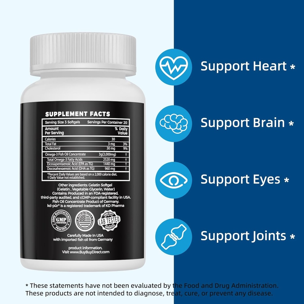 Pharmaceutical Grade Omega 3 Fish Oil, KD-PUR Premium Germany Fish Oil Supplements 2520mg with EPA & DHA- Supports Brain, Heart & Immunity (60 Softgels) 6