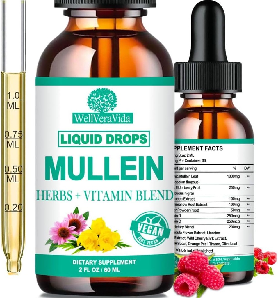 Mullein Drops for Lungs, Organic Mullein Leaf Extract w/Elderberry Echinacea Drops for Lung Health Mullein Leaf Tincture Alcohol Free - Lung Detox for Smoker Sinus Immunity & Respiratory Support 2