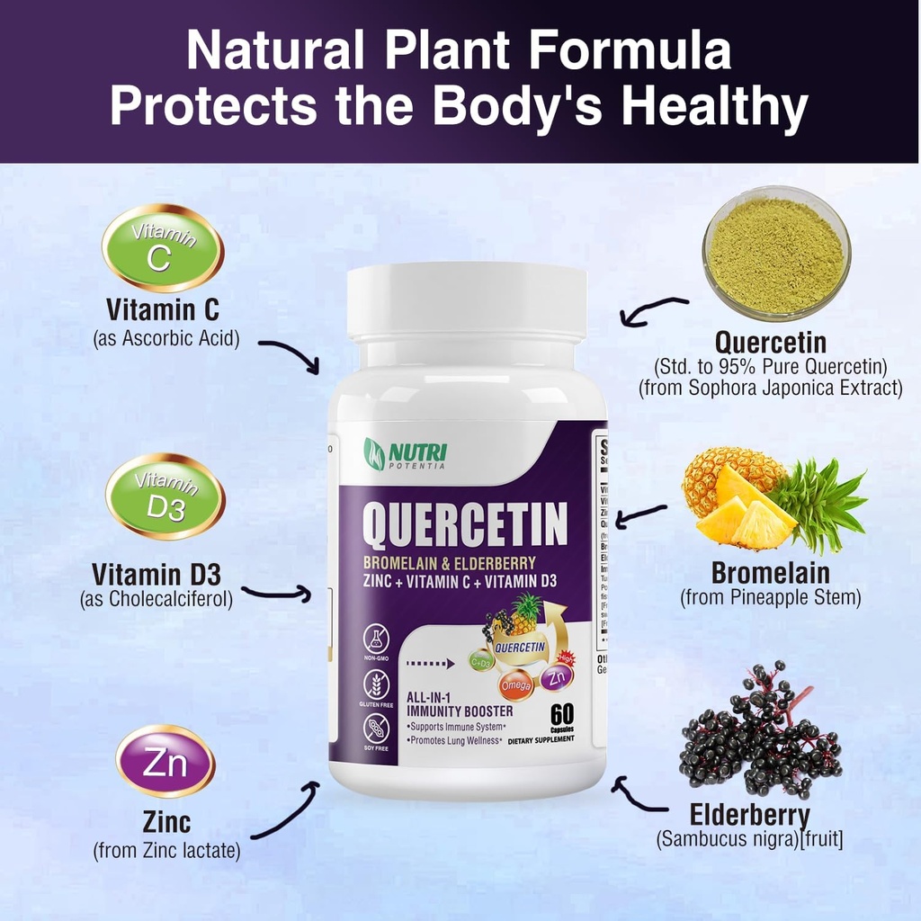 Quercetin with Bromelain, Quercetin 500mg Capsules, Vitamin C & D3, Zinc and Elderberry - Advanced Lung Immune and Respiratory Support Supplement - 60 Capsules 4