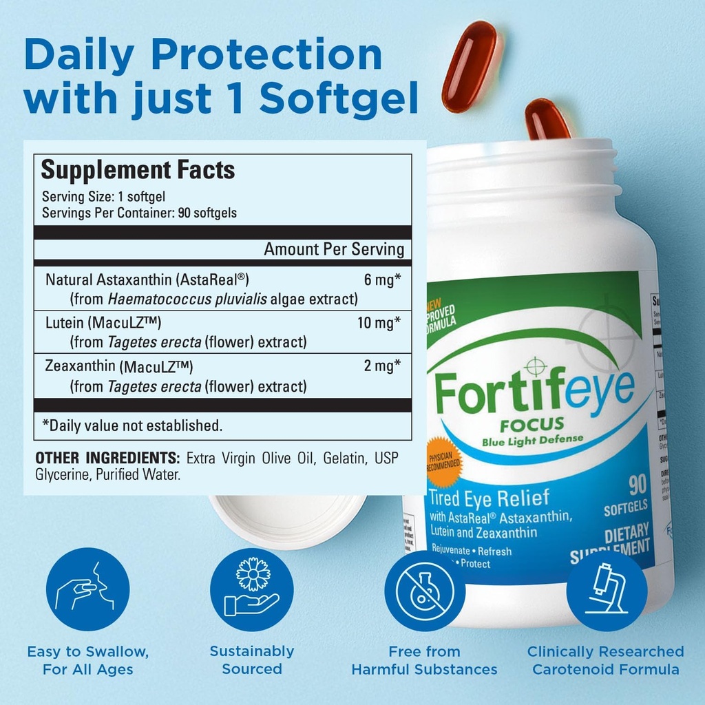 Fortifeye Focus Eye Care Supplement 90 Softgel Capsules - Triple Carotenoid Including Astaxanthin, Lutein, and Zeaxanthin Supplements, Eye Vitamins, Supports Eyes Fatigue and Blue Light Protection 5