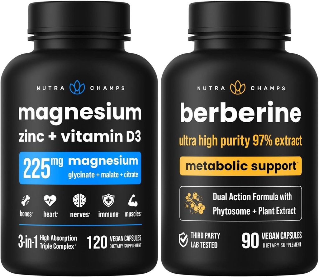 NutraChamps Complete Bone & Metabolic Support : Magnesium Zinc D3 & Berberine Duo 2