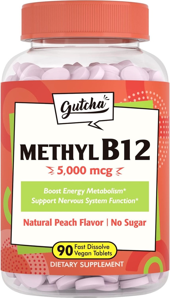 Gutcha Vitamin B12 5000 mcg, Bioactive Methylcobalamin, for Nerve, Heart, Brain Health & Energy Production, Non GMO, No Sugar, No Gluten, Natural Peach Flavor, 90 Vegan & Fast Dissolve Tablets 2
