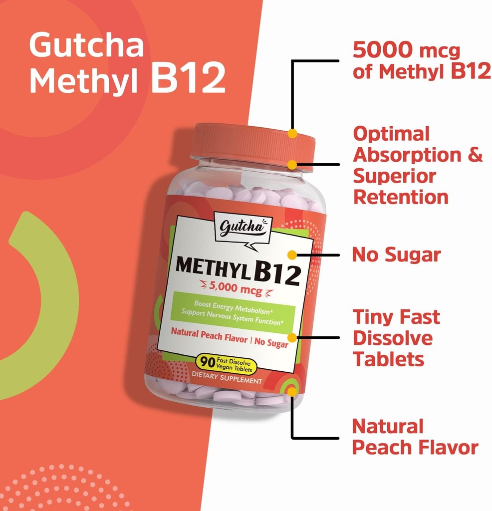 Gutcha Vitamin B12 5000 mcg, Bioactive Methylcobalamin, for Nerve, Heart, Brain Health & Energy Production, Non GMO, No Sugar, No Gluten, Natural Peach Flavor, 90 Vegan & Fast Dissolve Tablets 5