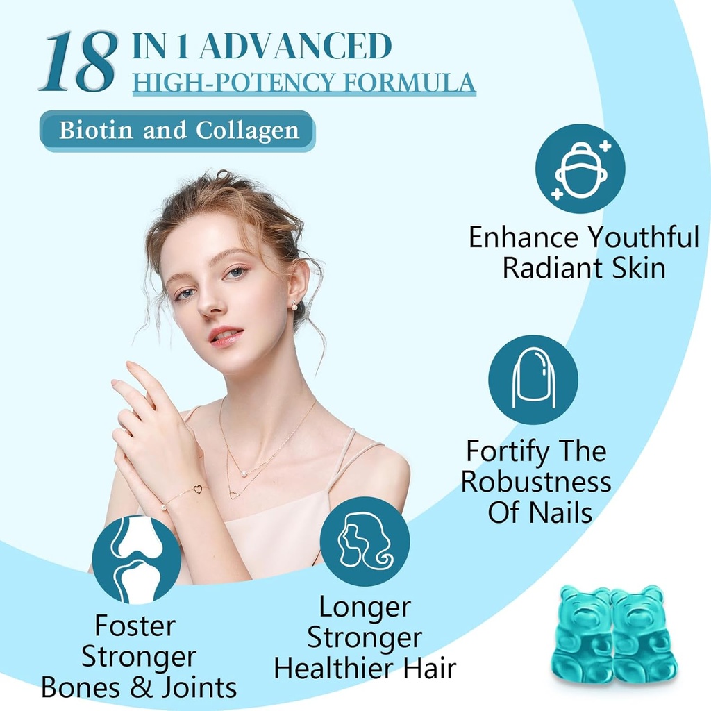 Biotin Gummies with Collagen, Keratin, Hyaluronic Acid, Vitamin for Skin, Hair Growth, Nails, Women Men Adults Kids - 60 Blueberry Flavored Gummies 4