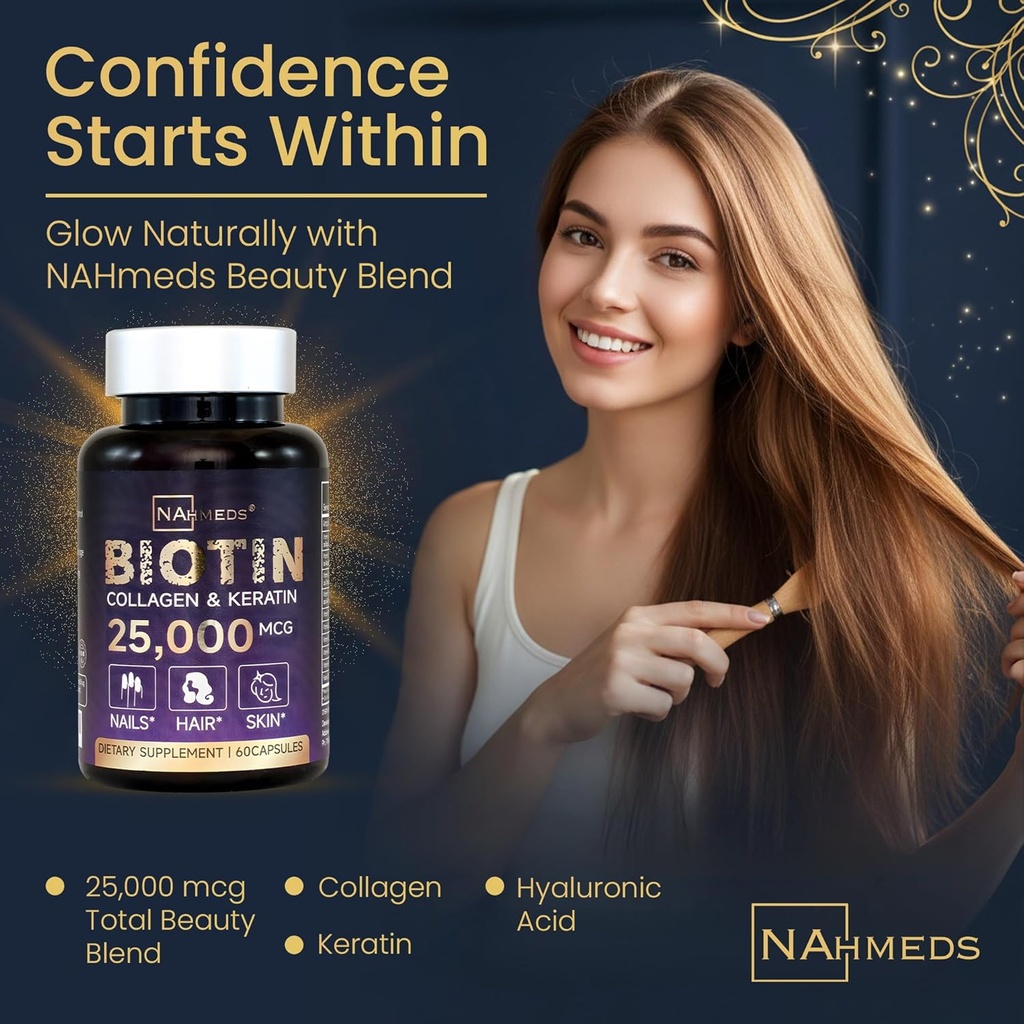 Biotin + Beauty Blend – 25,000 mcg Complex with Collagen, Keratin, MSM – Hair, Skin & Nail Support – Gluten-Free – GMP, ISO 22000, HACCP Certified – COA Available – 60 Capsules 4
